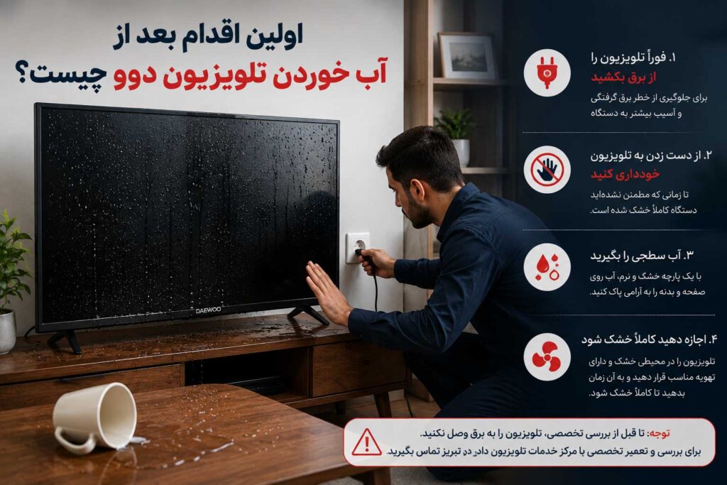 اولین اقدامات بعد از آب خوردن تلویزیون دوو شامل قطع برق و روشن نکردن دستگاه