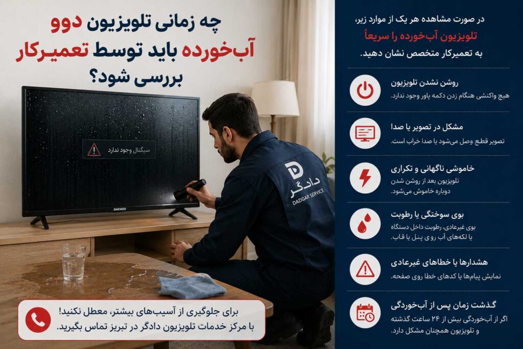 نشانههای نیاز تلویزیون دوو آبخورده به بررسی تعمیرکار مانند روشن نشدن و مشکل تصویر یا صدا