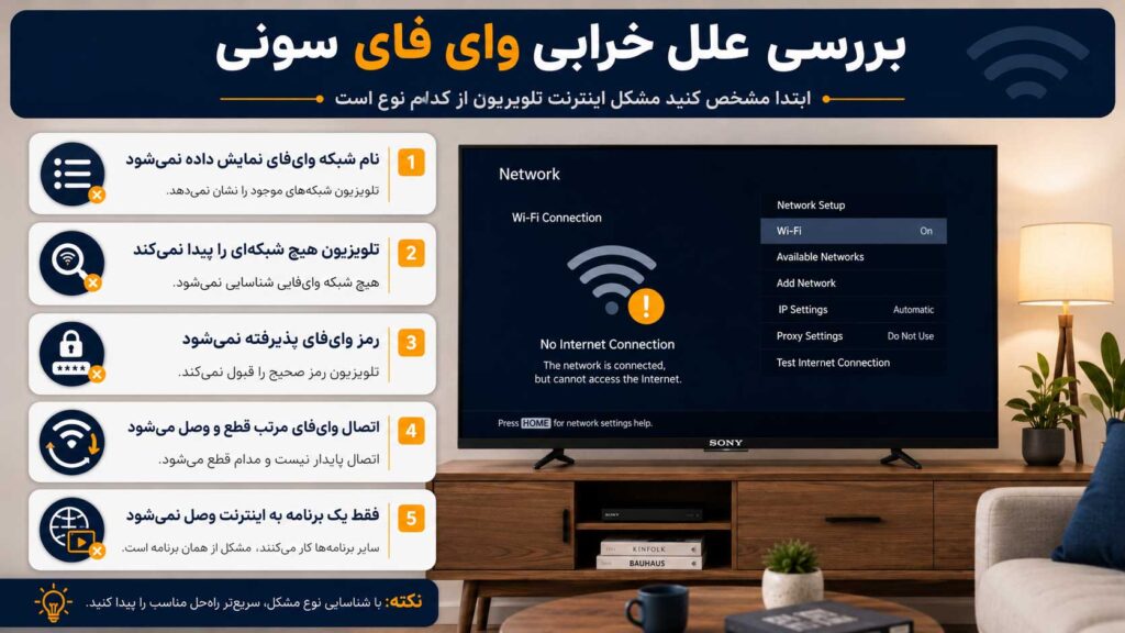 بررسی علت‌های خرابی وای‌فای تلویزیون سونی و تشخیص نوع مشکل اتصال