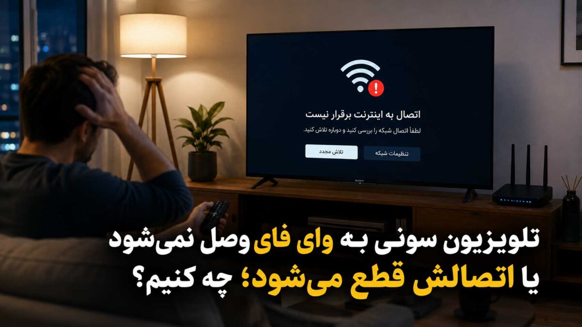 تلویزیون سونی به وای‌فای متصل نمی‌شود و پیام خطای اتصال اینترنت نمایش داده شده است