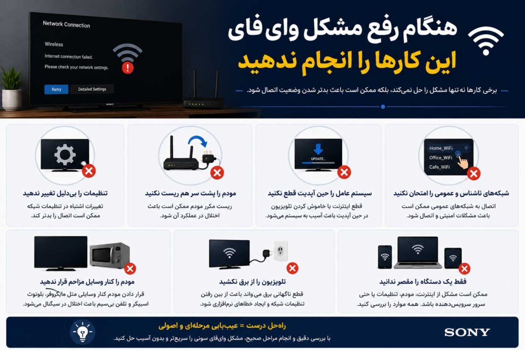 کارهای اشتباهی که هنگام رفع مشکل وای‌فای تلویزیون سونی نباید انجام دهید